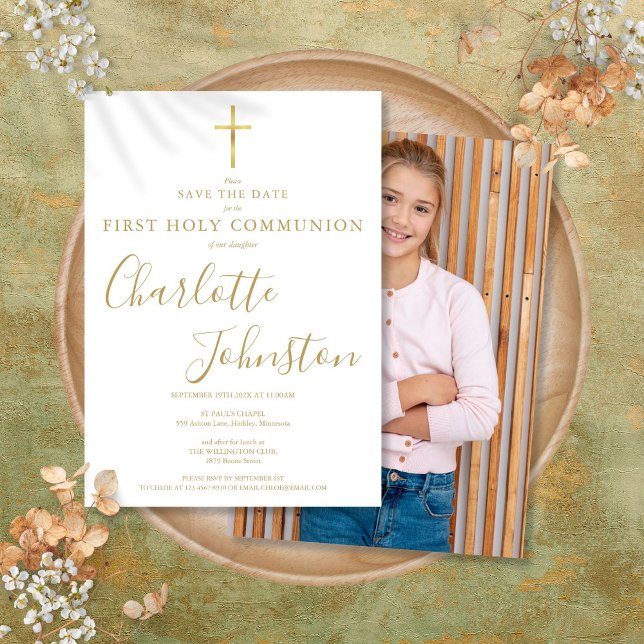 Elegantes First Holy Communion Gold Signature Foto Save The Date (Elegant First Holy Communion Gold Signature Photo Save The Date)