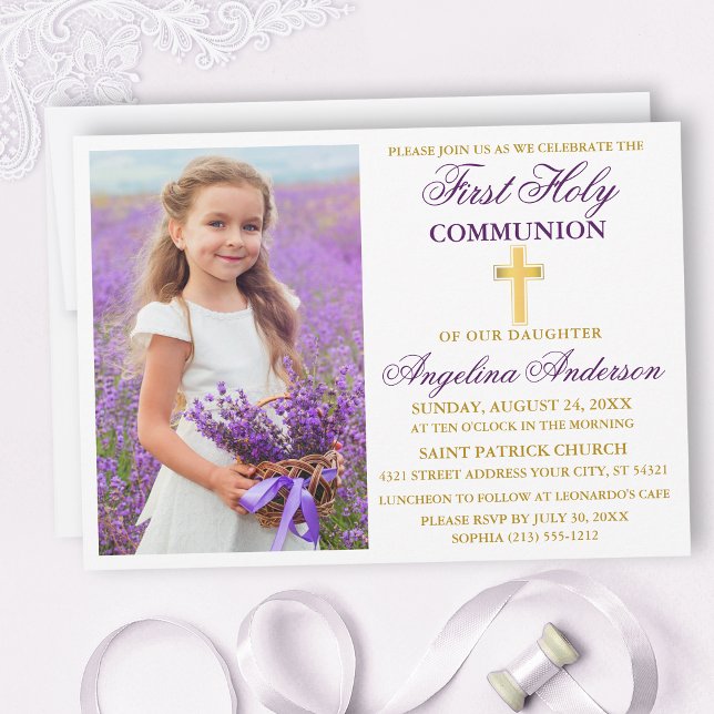 Elegantes First Holy Communion Lila Gold Foto Einladung (Von Creator hochgeladen)
