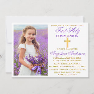 Elegantes First Holy Communion Violet Gold Foto Einladung