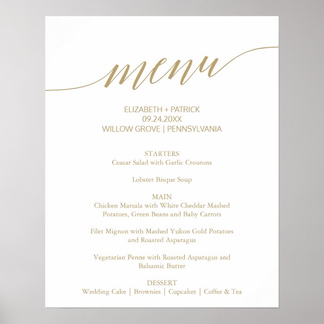 Elegantes FlachGold Calligraphy Wedding Menu Sign Poster (Vorne)