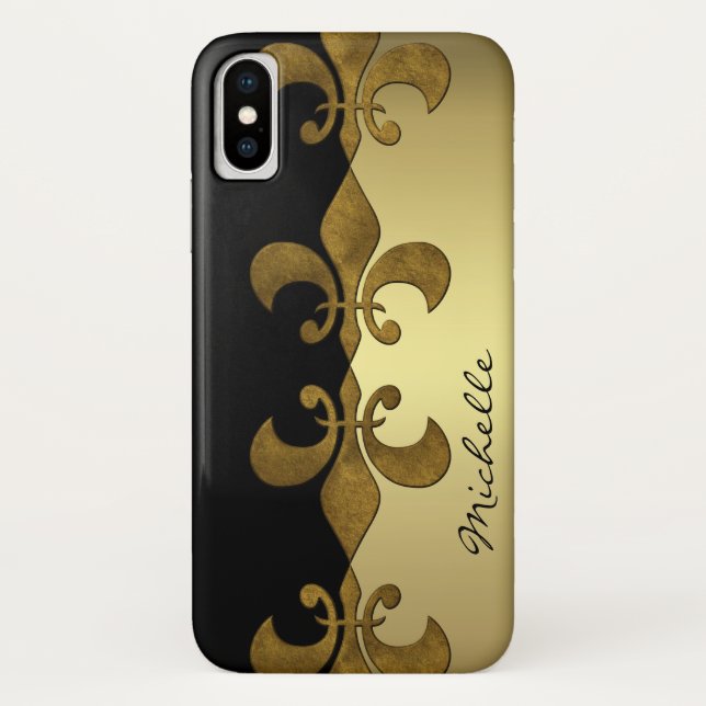 Elegantes Fleur-de-lis-Schwarz-Gold-Monogramm Case-Mate iPhone Hülle (Rückseite)