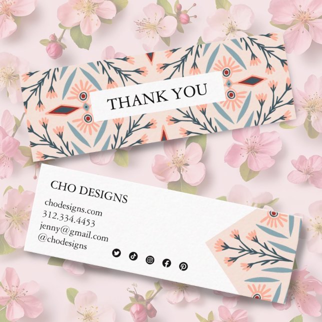 Elegantes Fliesen Geometrisches Rosa Danke Mini Visitenkarte (Pretty pink mini business cards with social media icons. Thank customers for their orders.)