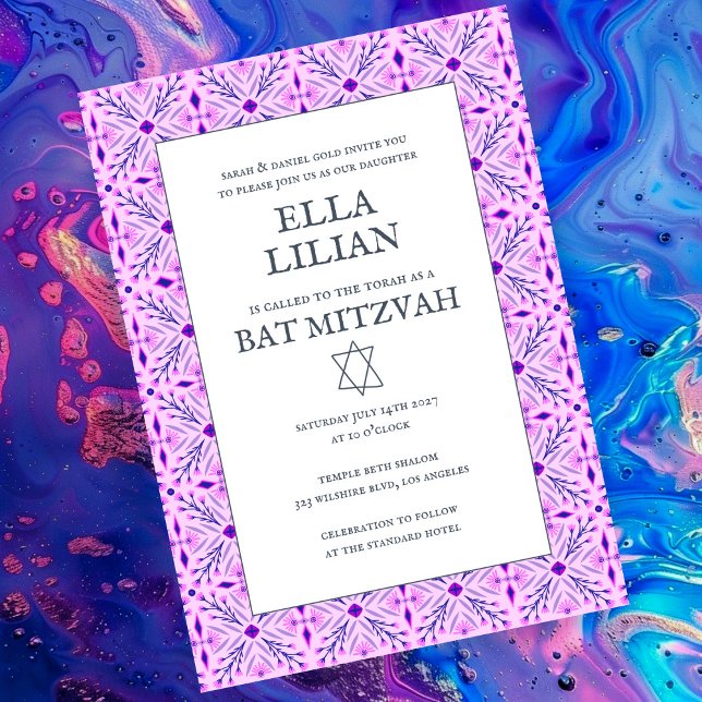 Elegantes Fliesenmuster Custom B'nai Bat Bar Mitzv Einladung (Elegant Tile Pattern Custom B'nai Bat Bar Mitzvah Invitation
Purple)