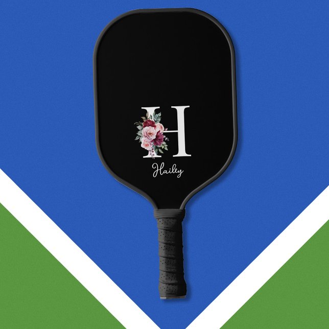 Elegantes Floral Anfangsname Monogramm Pickleball Schläger (Von Creator hochgeladen)