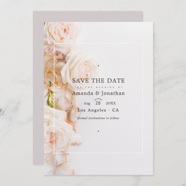 Elegantes Floral Beach Wedding Foto Save The Date (Vorne/Hinten)