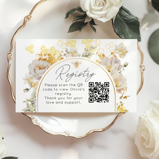 Elegantes floral bees Registrierungs-QR-Code Begleitkarte (Von Creator hochgeladen)