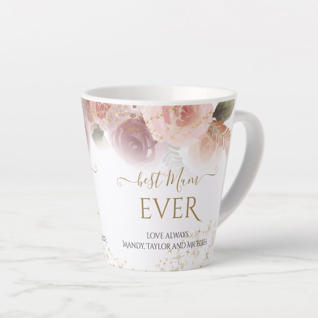 Elegantes Floral Best Mum Ever Gold Glitzer-Namen Milchtasse (Rechte Ecke)