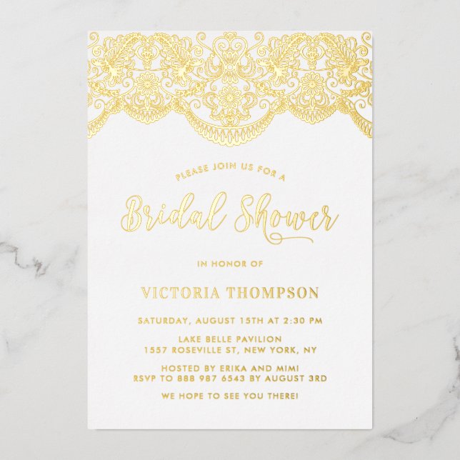 Elegantes Floral Brocade Lace Brautparty Folieneinladung (Vorderseite)