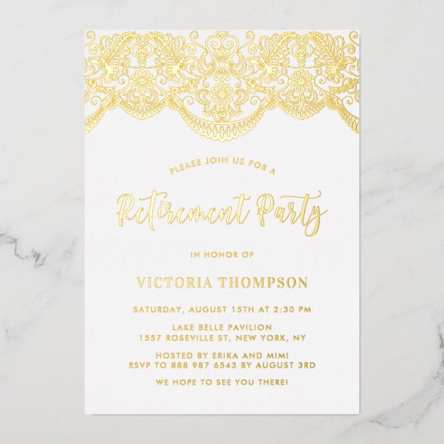 Elegantes Floral Brocade Lace Retirement Party Folieneinladung (Vorderseite)