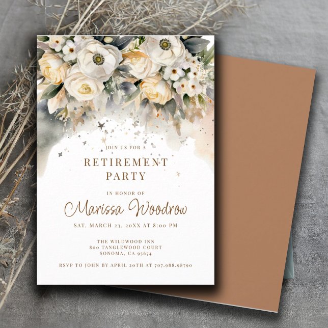 Elegantes Floral Cream Gold Retirement Party Einladung (Von Creator hochgeladen)