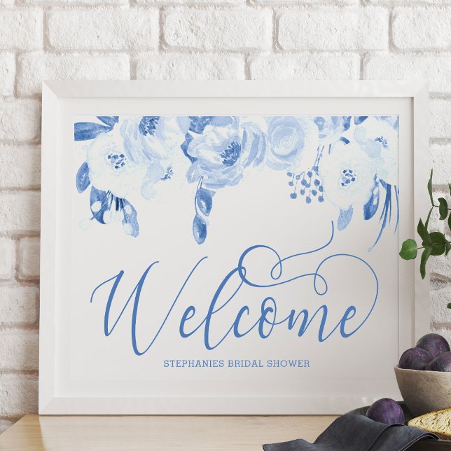 Elegantes Floral Dusty Blauer Begrüßungszeichen Poster (Welcome Poster from my Dusty Blue Watercolor Floral Bridal Shower)