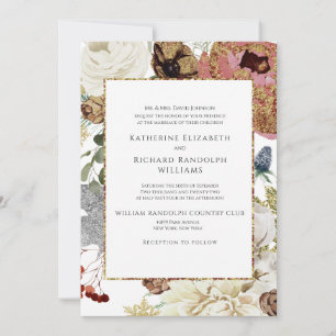 Elegantes Floral & Gold Ein Ort für Hochzeiten Einladung