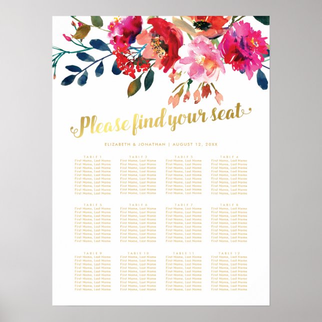 Elegantes Floral Gold Hochzeit 12 Tabelle Seating  Poster (Vorne)