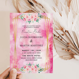 Elegantes Floral Gold Rosa Aquarellfarben Nuestra  Einladung
