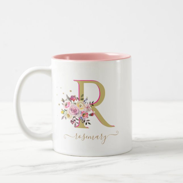 Elegantes Floral Gold Rosa IHRER Monogramm Name Zweifarbige Tasse (Links)