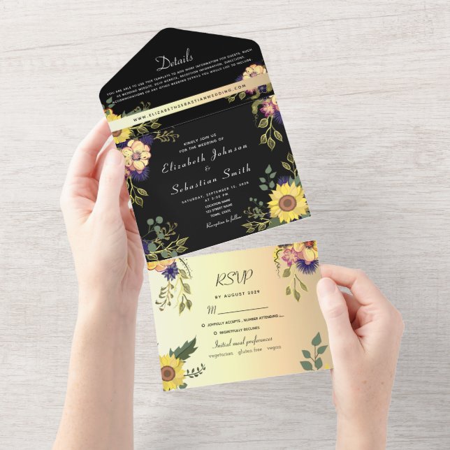 Elegantes Floral Gold und Black Wedding All In One Einladung (Abreißen)