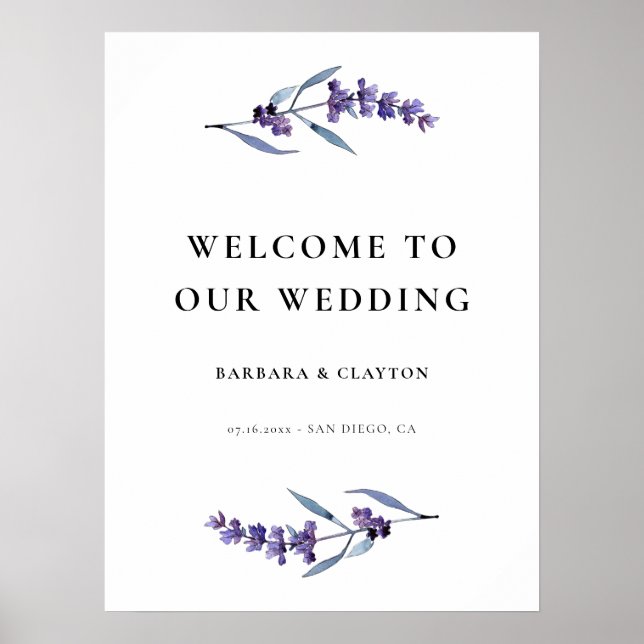 Elegantes Floral Lavender Wedding Welcome Sign Poster (Vorne)