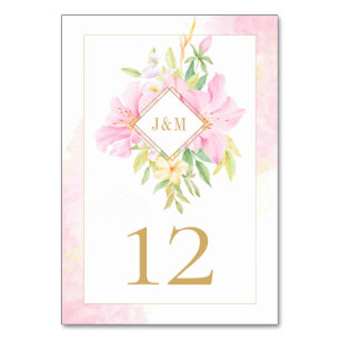 Elegantes Floral Monogramm Aquarell Rosa Grün Tischnummer