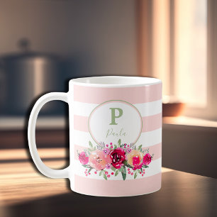 Elegantes Floral Monogramm auf rosa Streifen Kaffeetasse