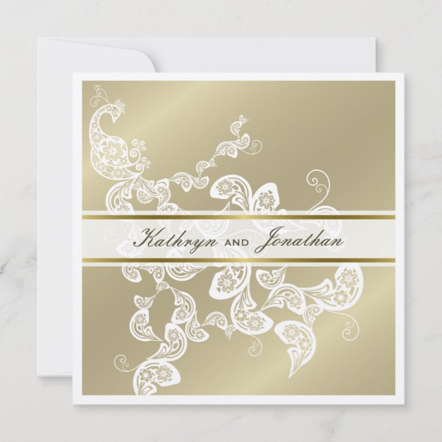 Elegantes Floral Pfau Weiße Hochzeit Einladung (Vorderseite)