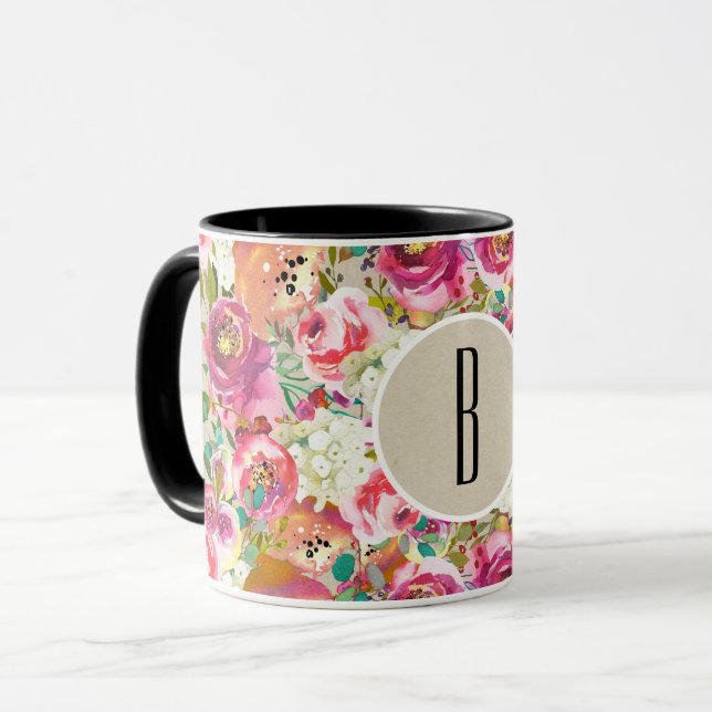Elegantes floral Rustic Chic Kraft Monogram Custom Tasse (Vorderseite Links)