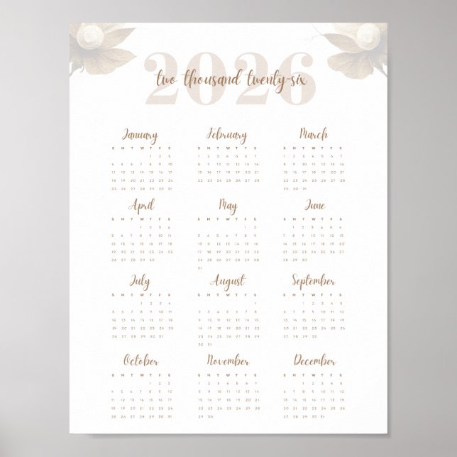 Elegantes Floral-Schrift-2026-Einseitenkalender  Poster (Vorne)