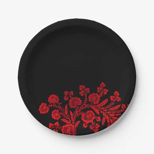 Elegantes Floral Schwarz und Rot Pappteller (Vorderseite)