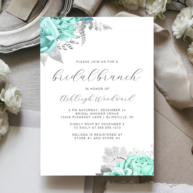 Elegantes Floral Script Aqua Silver Bridal Brunch Einladung (Von Creator hochgeladen)