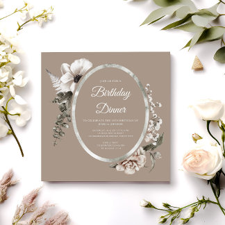 Elegantes Floral Taupe Beige Geburtstagsessen Part Einladung