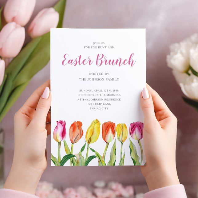 Elegantes Floral Tulip Osterfest Einladung (Modern Purple Botanical Wreath Easter Brunch Invitation)