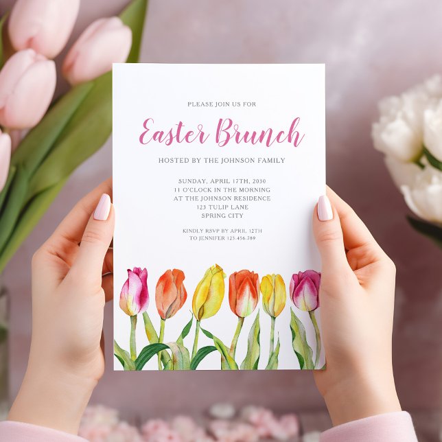 Elegantes Floral Wasserfarbe Tulip Osterfest Einladung (Pretty Pink Floral Watercolor Tulip Easter Brunch Invitation)