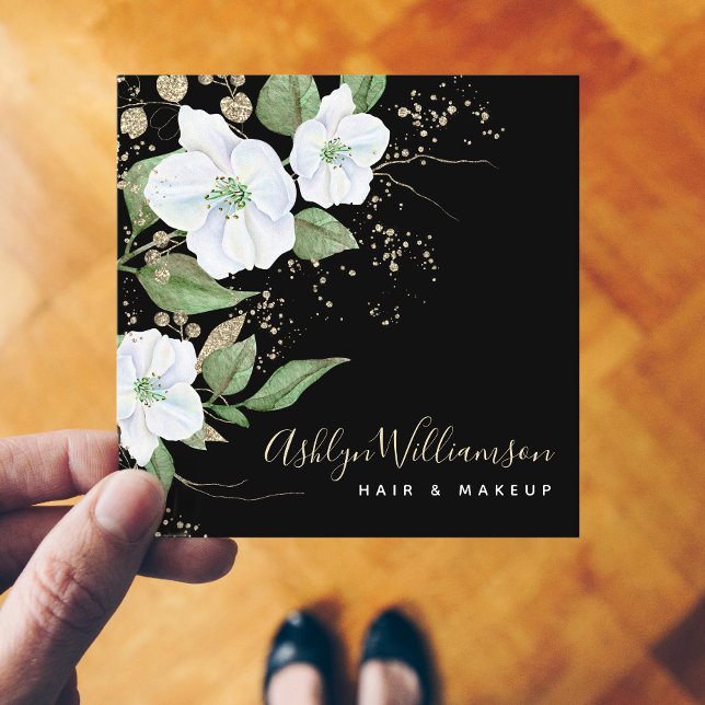 Elegantes Floral Watercolor Schwarz Modernes Gold  Quadratische Visitenkarte (Von Creator hochgeladen)