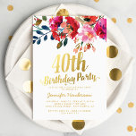 Elegantes Floral White Gold 40. Geburtstag Party Einladung<br><div class="desc">Elegante Einladungen zum 40. Geburtstag mit klassischem weißem Hintergrund,  Aquarellblütenausstellung,  einem stilvollen Imitat mit Goldfolie und einem modernen Geburtstagsgeschenk.</div>