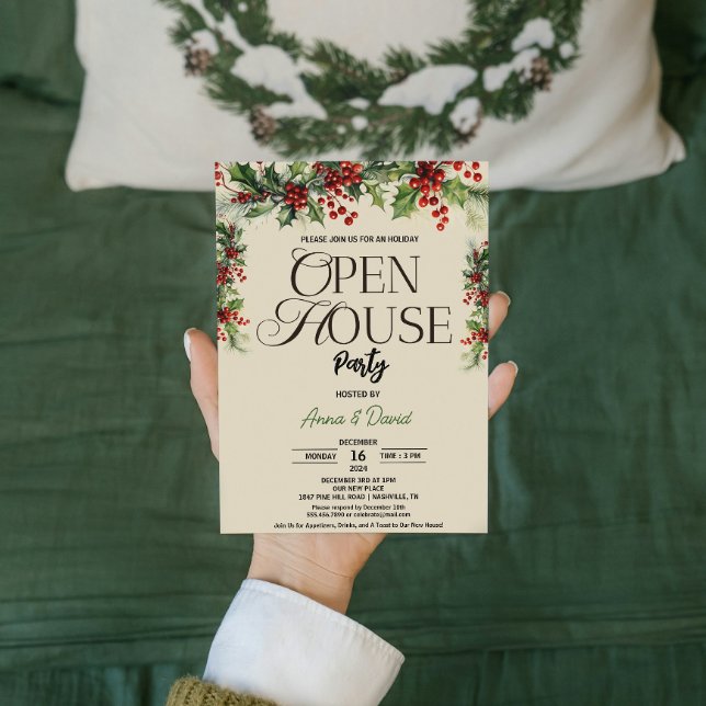 Elegantes Floral Xmas Holly Weihnachts-Open House Einladung (Elegant Floral Xmas Holly Christmas Open House Invitation flowers Families & Couples hosting )