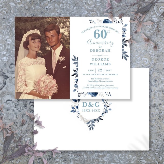 Elegantes florales 60-jähriges Hochzeitsszenario-F Einladung (Elegant Floral 60th Wedding Anniversary Photo Invitation)