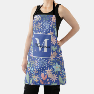 Elegantes florales Blumenblatt blaues Monogramm Schürze