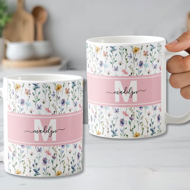 Elegantes florales botanisches Skript-Monogramm Kaffeetasse (Elegant Floral Botanical Script Monogram Coffee Mug)