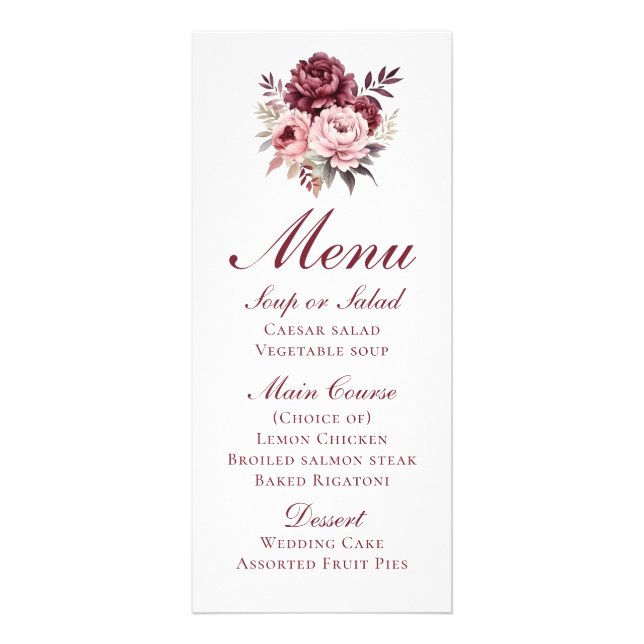 Elegantes florales Burgundy Peony Wedding Menu Werbekarte (Vorne)
