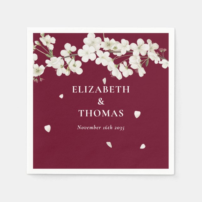 Elegantes florales Burgundy Wedding White Blossom Serviette (Vorderseite)