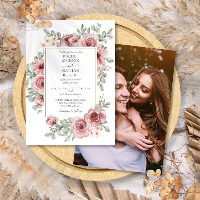 Elegantes florales Dusty Rose Gold Wedding Foto Einladung (Elegant Floral Dusty Rose Gold Wedding Photo Invitation)