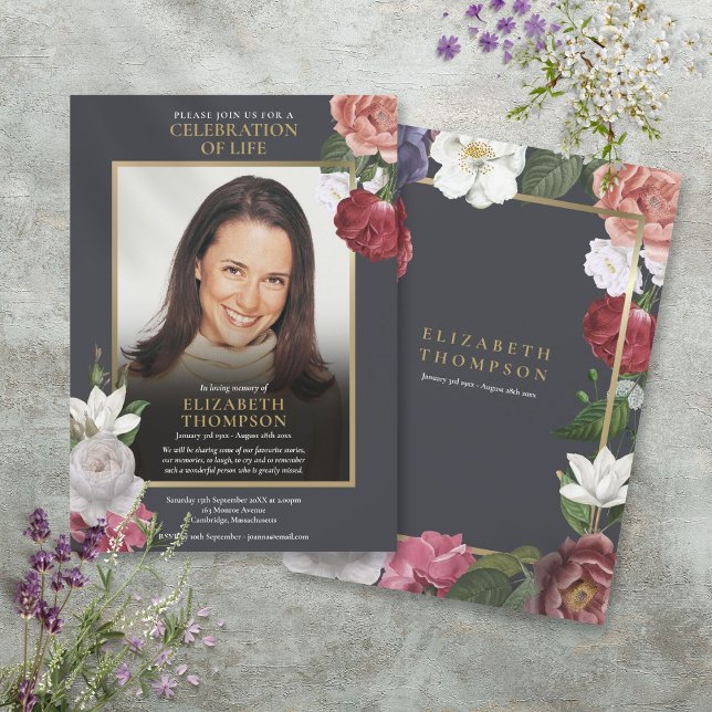 Elegantes florales Foto zur Beerdigung des Lebens Einladung (Elegant Floral Celebration of Life Funeral Photo Invitation)