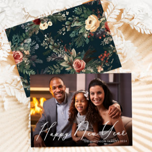 Elegantes florales Frohes Neues Jahr Schriftfoto Feiertagskarte