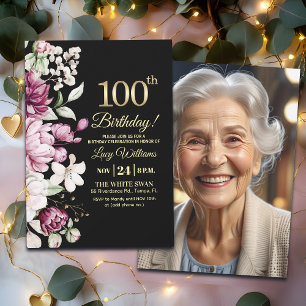 Elegantes Florales Gold 100 Geburtstagsfoto Einladung