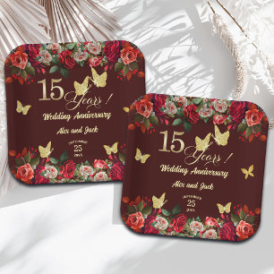 Elegantes Florales Gold 15. Hochzeitsjubiläum Pappteller