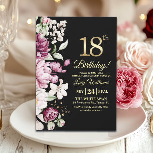 Elegantes Florales Gold 18 Geburtstagsfeier Einladung