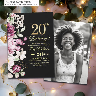 Elegantes Florales Gold 20 Geburtstagsfoto Einladung