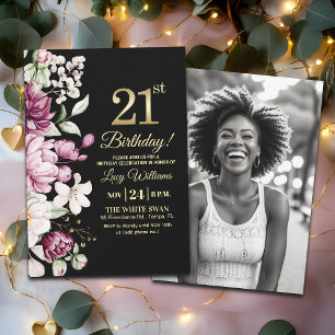 Elegantes Florales Gold 21 Geburtstagsfoto Einladung