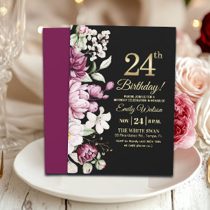 Elegantes Florales Gold 24 Geburtstagsfeier Einladung