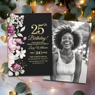Elegantes Florales Gold 25 Geburtstagsfoto Einladung