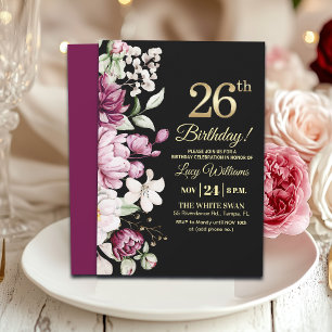 Elegantes Florales Gold 26 Geburtstagsfeier Einladung